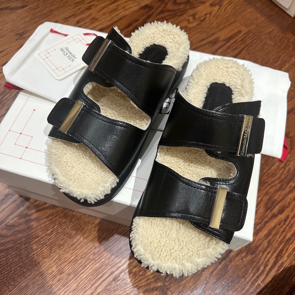 Alexander McQueen Women’s Black Shearling Slide Sandals Size 36 & 37